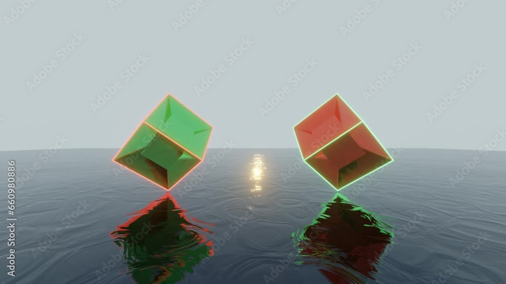 Aufkleber red and green mirror cubes with neon glowing edges floating on a dark water surface. abstract 3d ani