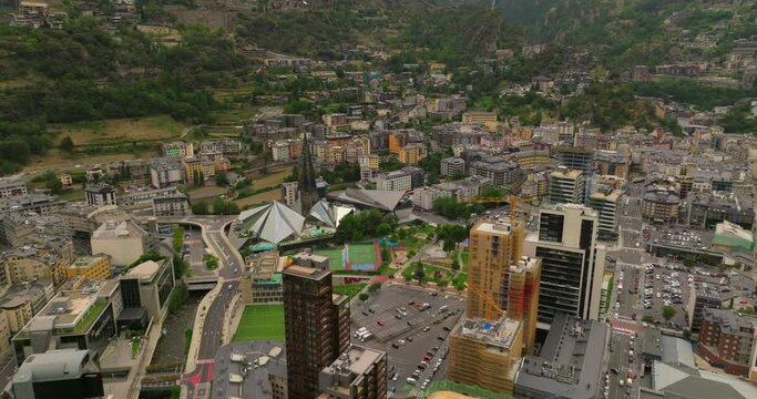 Aerial view of Andorra la Vella, the capital of Andorra, in the Pyrenees mountains between France and Spain