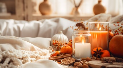 Fototapeta na wymiar Pumpkin spice potpourri and candles, cozy background layout
