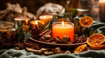 Pumpkin spice potpourri and candles, cozy background layout