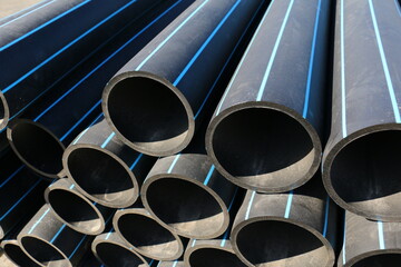 PE pipe plant, Industrial PE pipeline for gas and water. HDPE pipe, Polyethylene PE100 pipe. Polyethylene pipe plant