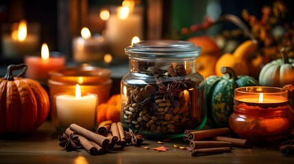 Pumpkin spice potpourri and candles, cozy background layout
