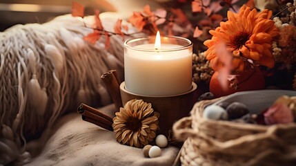 Obraz na płótnie Canvas Pumpkin spice potpourri and candles, cozy background layout