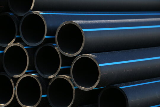 PE pipe plant, Industrial PE pipeline for gas and water. HDPE pipe, Polyethylene PE100 pipe. Polyethylene pipe plant