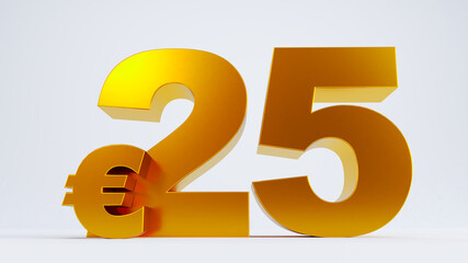 3D render of golden twenty five euro isolated on white background