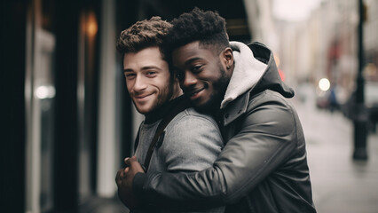 Beautiful portrait of white and black gay couple hugging on city street