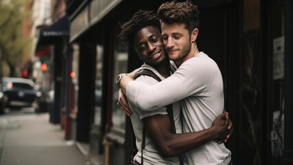 Beautiful portrait of white and black gay couple hugging on city street