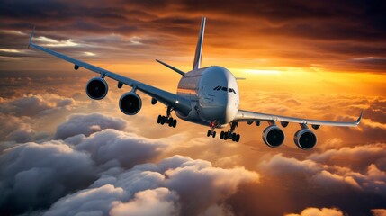 Fototapeta na wymiar Airbus A380 cargo aircraft flying in the beautiful dramatic sky