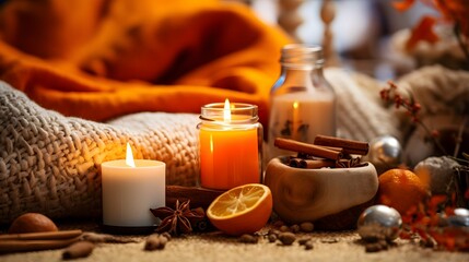 Pumpkin spice potpourri and candles, cozy background layout