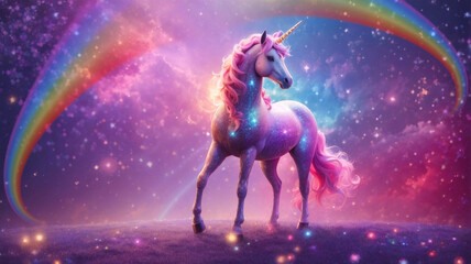 A rainbow-sparkled fantasy unicorn, pastel glitter, a pink fantasy galaxy, a magical mermaid sky with bokeh, stars, and sparkles.