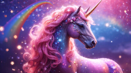 Obraz na płótnie Canvas A rainbow-sparkled fantasy unicorn, pastel glitter, a pink fantasy galaxy, a magical mermaid sky with bokeh, stars, and sparkles.