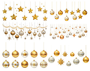 set of festive Christmas gold ornament. PNG transparent background