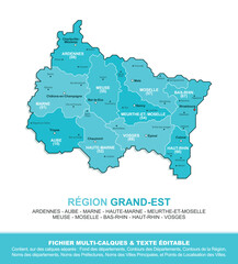 Carte de la région Grand-Est, ses départements et ses villes
