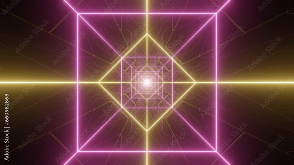 Poster neon glowing lines in mirror tunnel. seamless loop animation with neon glowing lights. 3d rendered b