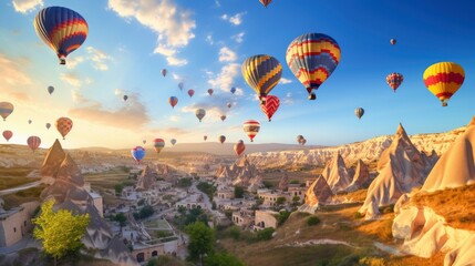 Beautiful hot air balloons flying in the fantastic Cappadocia region sky