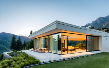 Fototapeta premium Mountain Majesty, Glass House Oasis with Sweeping Panoramic Views of Nature's Beauty.