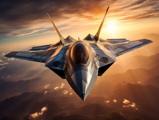 Conceptual futuristic fighter jet airplane full body view flying in the beautiful dramatic sky