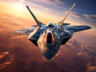 Obraz premium Conceptual futuristic fighter jet airplane full body view flying in the beautiful dramatic sky