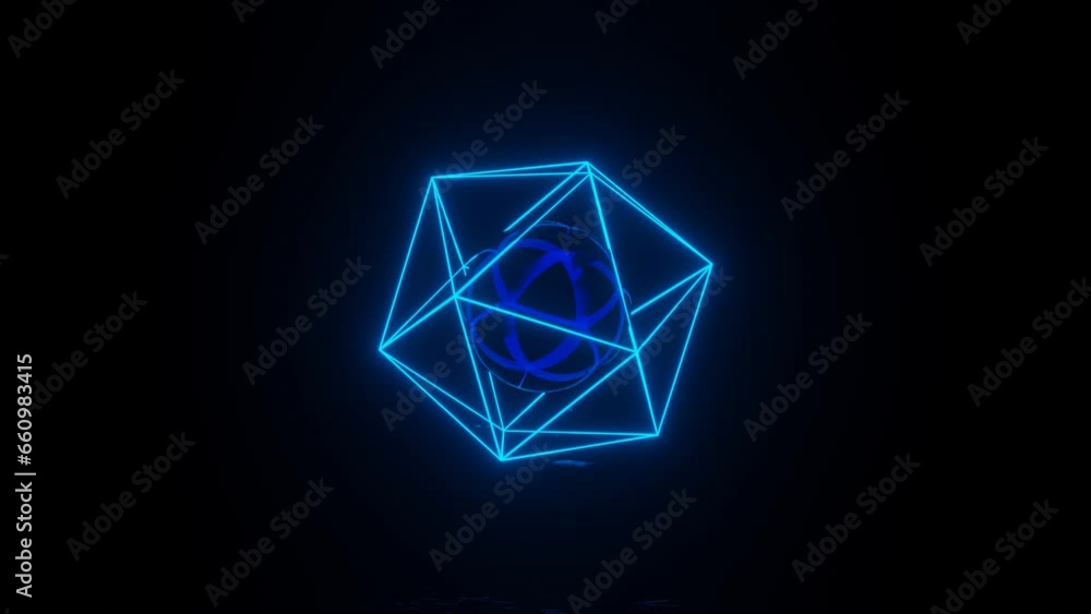 Poster neon glowing cage with mirror sphere inside rotates in a dark space with reflections on the floor. r