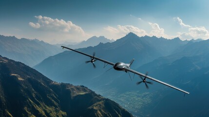 Modern glider flying in the background of high mountains peaks