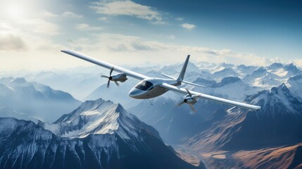Fototapeta na wymiar Modern glider flying in the background of high mountains peaks