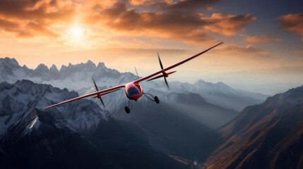 Modern glider flying in the background of high mountains peaks - obrazy, fototapety, plakaty