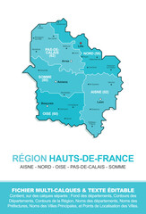 Carte de la région Hauts-de-France, ses départements et ses villes