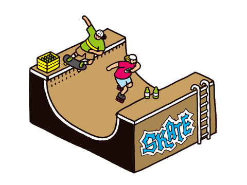 ランプの上を滑るスケートボーダーとローラーブレードで滑る人物のイメージイラスト素材