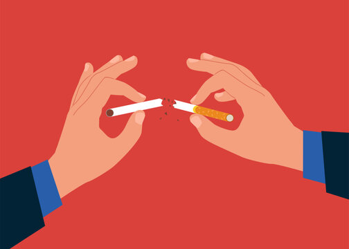 Quitting smoking cigarettes. Quit bad habit, health care. Holding broken cigarette in hands. Flat vector illustration
