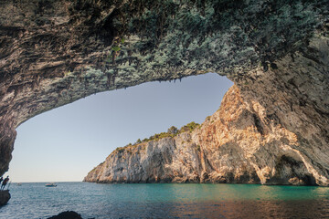 The zinzulusa cave between The villages of Castro and Santa Cesarea, in the south of Salento, in Puglia, Italy. Takes its strange name from the dialect "zinzuli", rags, people gave to the stalactites.