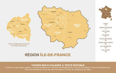 Carte de la région Île-de-France, ses départements et ses villes