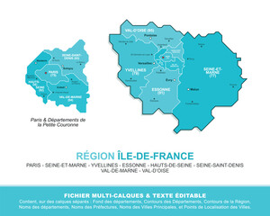Carte de la région Île-de-France, ses départements et ses villes