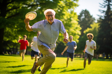 In a lush park, seniors engage in a friendly game of frisbee, their smiles radiant as they run and leap to catch the flying disc, their camaraderie and vitality shining through.  - obrazy, fototapety, plakaty