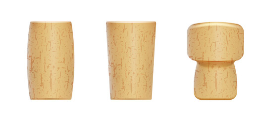 Set of cork wood or plastic wine stoppers with light texture isolated on white background. Vector illustration