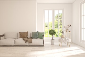 Bright interior design with modern furniture and summer landscape in window. 3D illustration