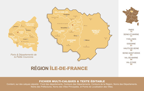 Carte de la r&eacute;gion &Icirc;le-de-France, ses d&eacute;partements et ses villes