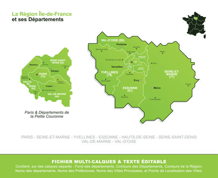 Carte de la r&eacute;gion &Icirc;le-de-France, ses d&eacute;partements et ses villes