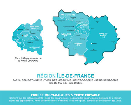 Carte de la r&eacute;gion &Icirc;le-de-France, ses d&eacute;partements et ses villes