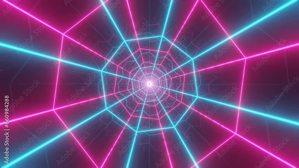 Poster neon glowing lines in mirror tunnel. seamless loop animation with neon glowing lights. 3d rendered b