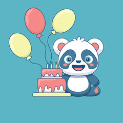 Birthday card with cute panda bear, balloons and cake. Cute baby animal vector illustration. Kawaii kids print.