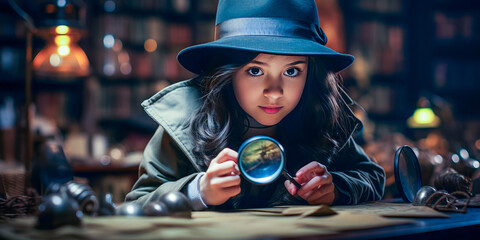 Intriguing black-haired girl in casual attire, posing as a detective with toy magnifying glass, indoor daylight.