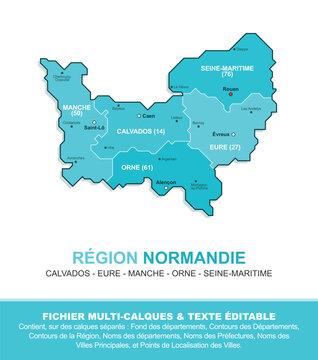 Carte de la r&eacute;gion Normandie, ses d&eacute;partements et ses villes