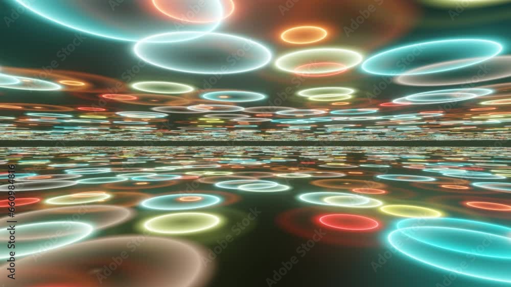 Aufkleber neon glowing dynamic circles on a plane in a dark space. simple animated background. modern multicol