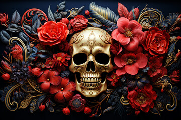 Portrait of human skull and flowers fantasy halloween santa muerto on a black background with embroidered pattern generative AI