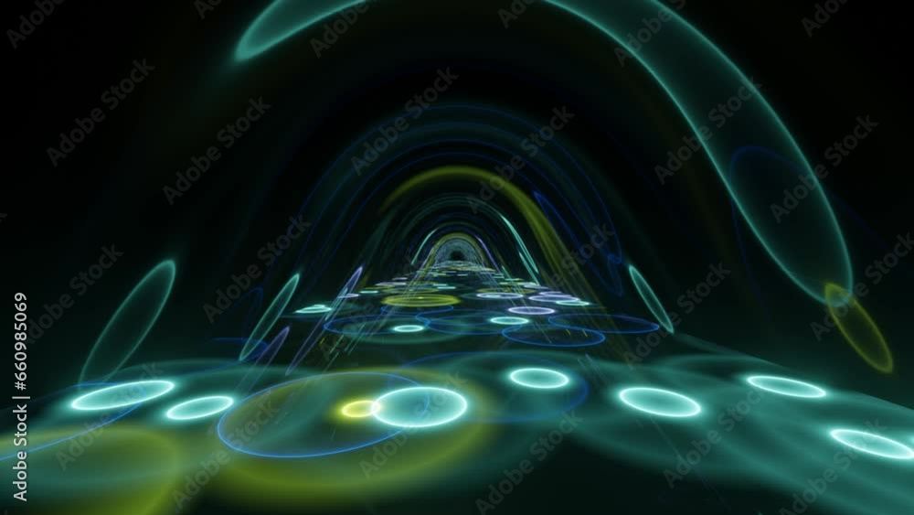 Aufkleber neon glowing dynamic circles on a plane in a dark space. simple animated background. modern multicol