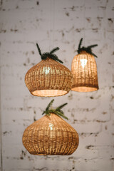 Pendant light with wicker lampshade, Christmas tree. Decorative ceiling shade lamp. Decorating...