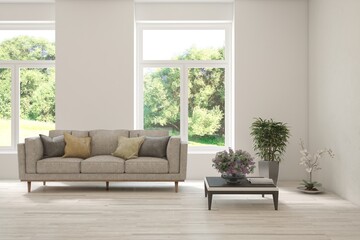 Bright interior design with modern furniture and summer landscape in window. 3D illustration