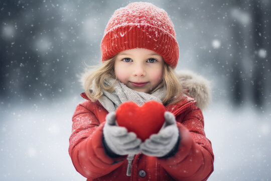 Cute little girl holding a red heart in her hands. Concept of charity, kindness, love, heart health