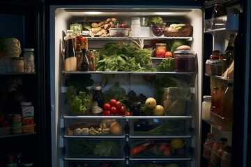Fully stocked fridge with diverse groceries. Generative AI