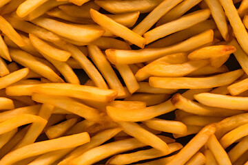 seamless texture and full-frame background of piled French fries, neural network generated image. Not based on any actual scene or pattern.